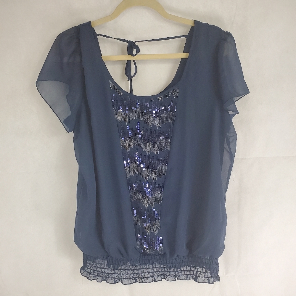 Studio Y Blue Blouse With Glitter Tieable Size XL